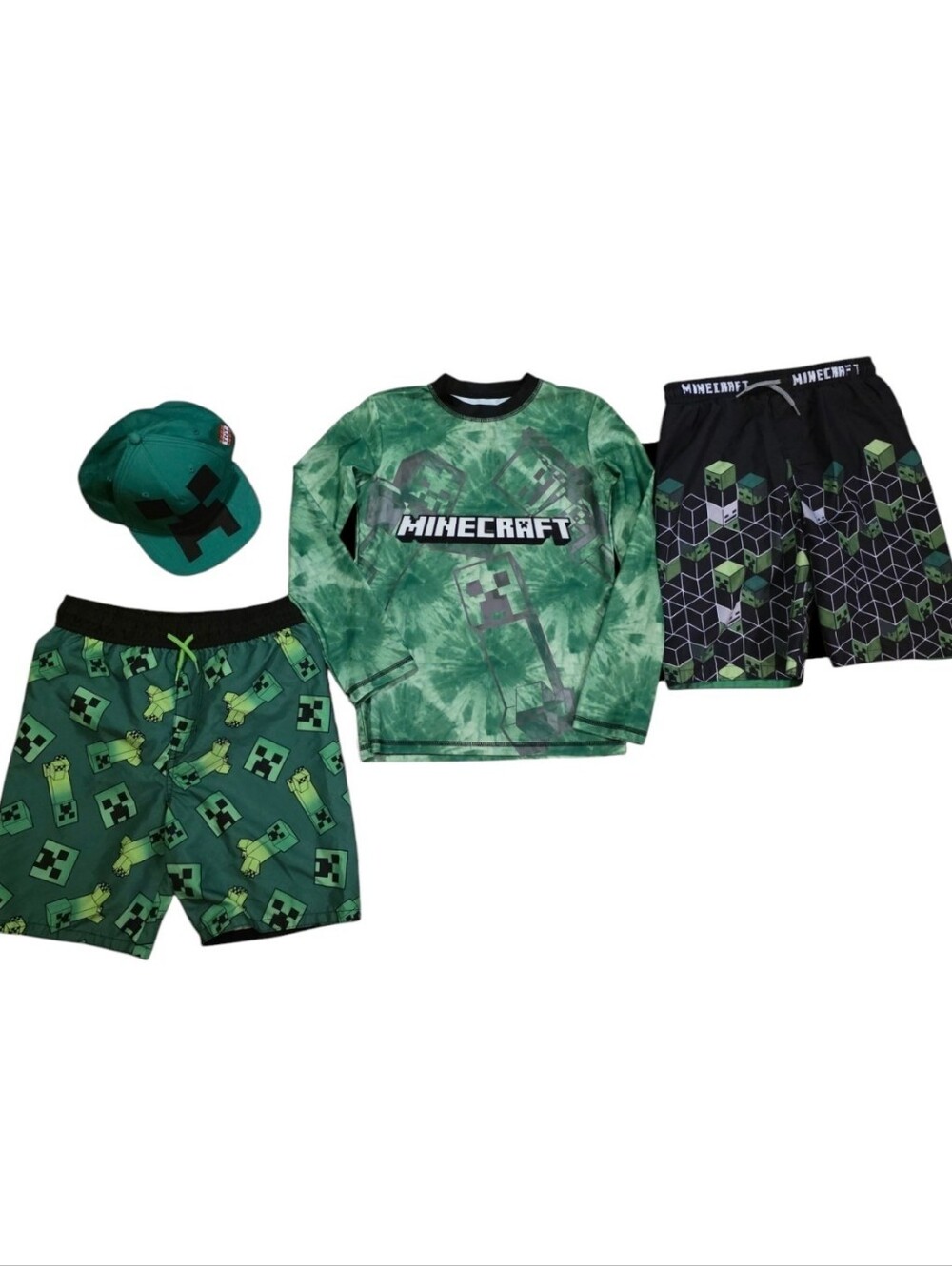 Kids Minecraft Creeper Swim Set with Rash Guard, Shorts And Hat